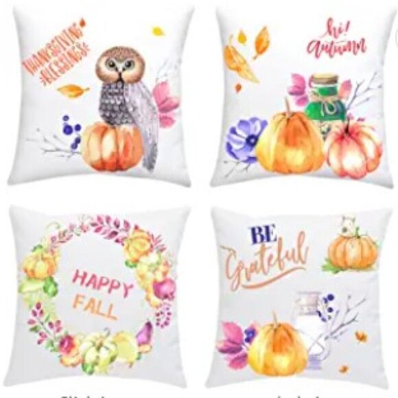 FALL AUTUMN HARVEST PUMPKIN OWL PILLOW COVERS SET 4 SOFT - Picture 1 of 13
